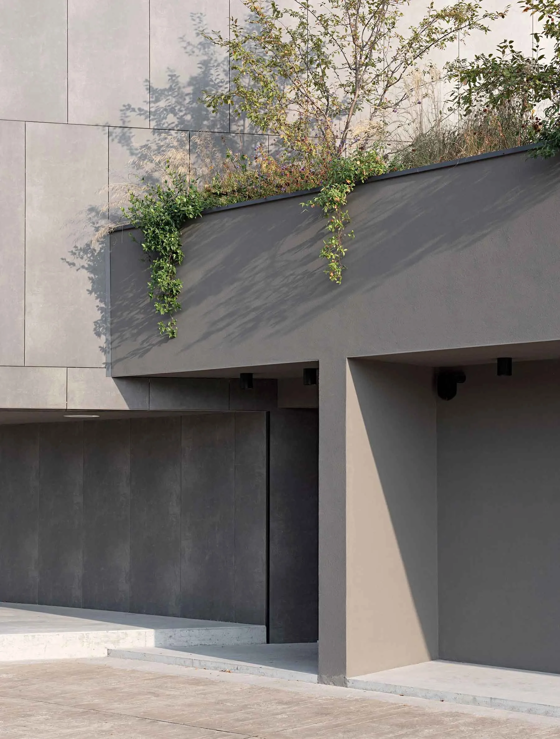 Concrete exterior facade with greenery.