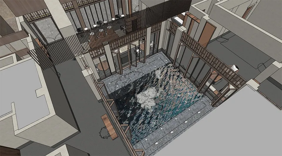 水療室室內的 3D 渲染圖，展現木質與玻璃材質。