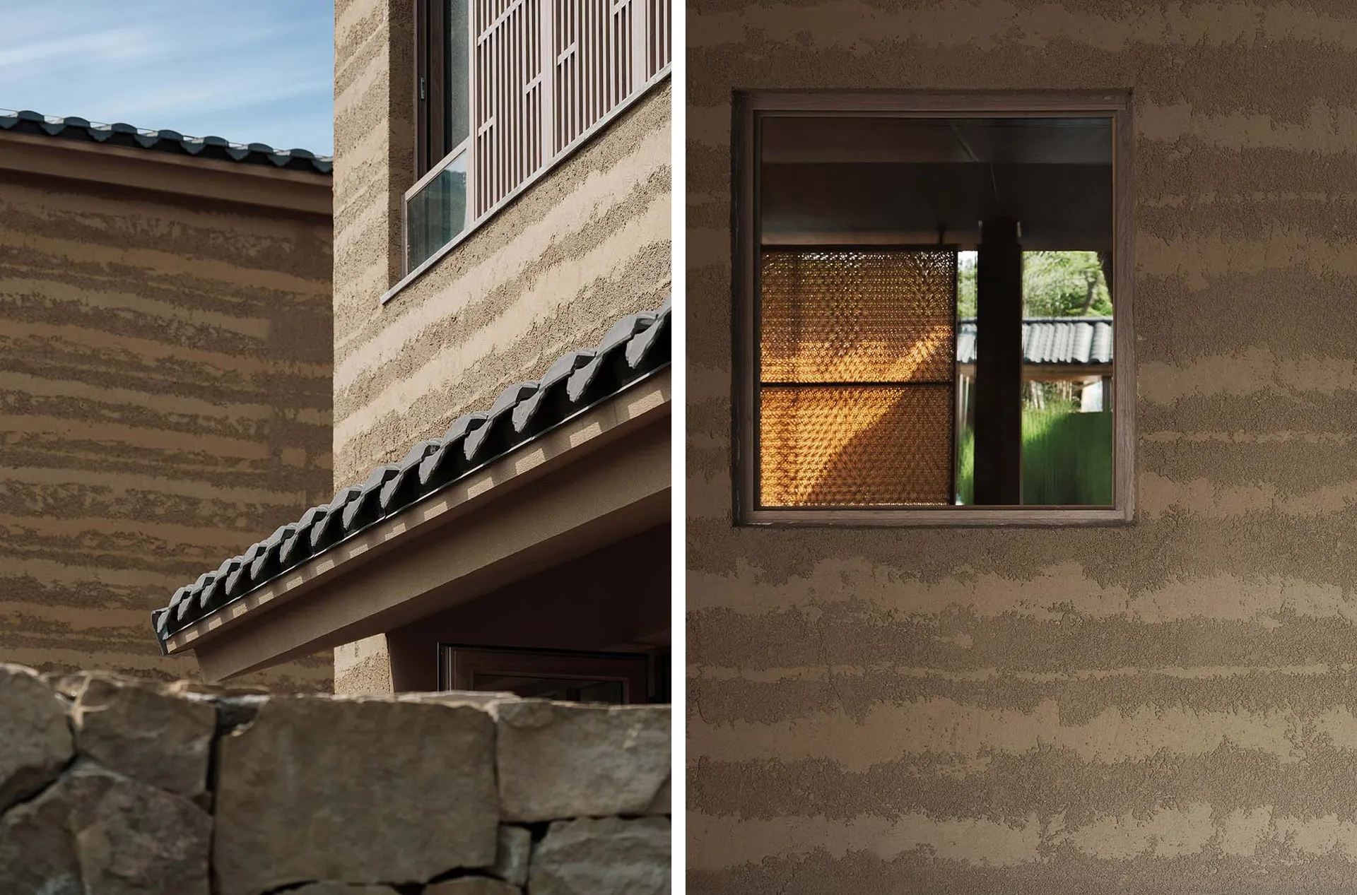 An architectural exterior featuring sandstone walls and tiled roof.