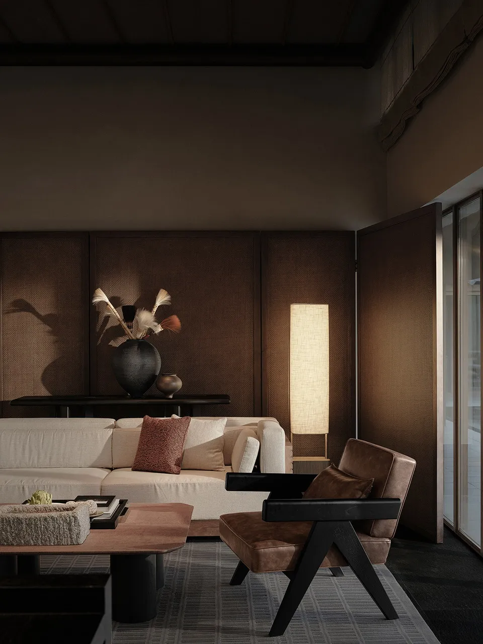 A modern, industrial-style living room with wooden elements.