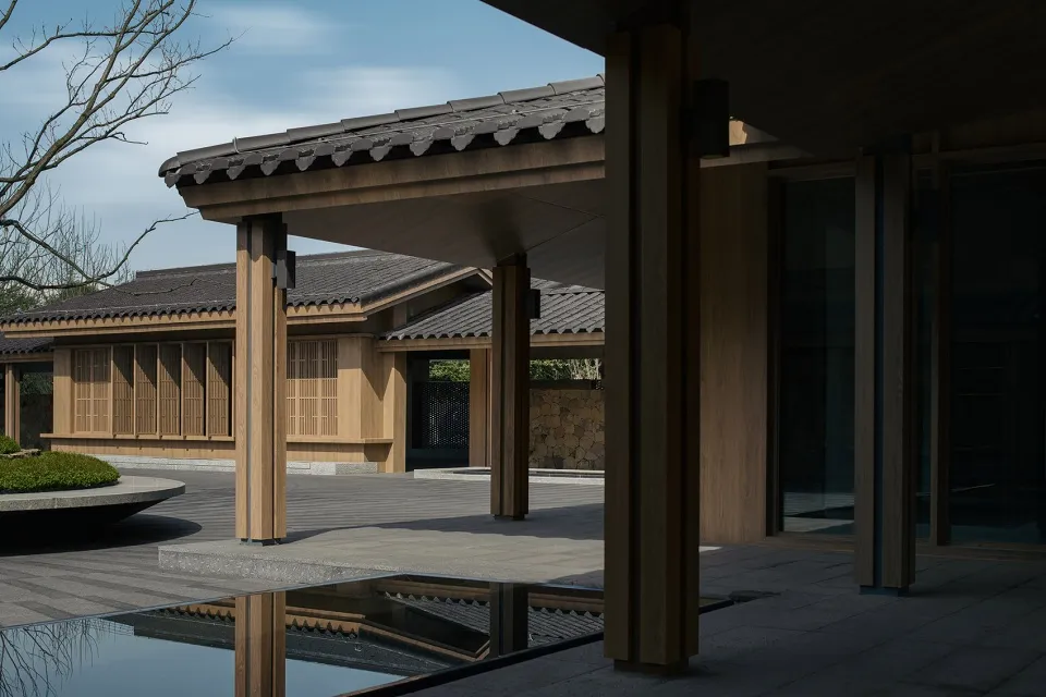 A minimalist architectural structure with wooden materials.