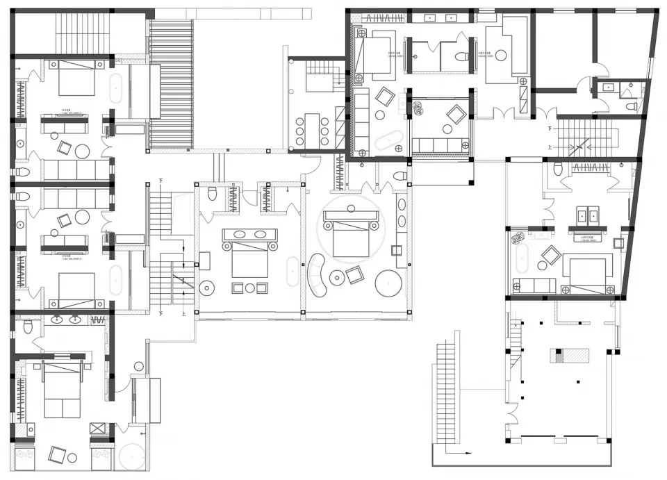 A detailed floor plan of a modern interior design featuring a large living room, kitchen, bedrooms, and bathrooms.
