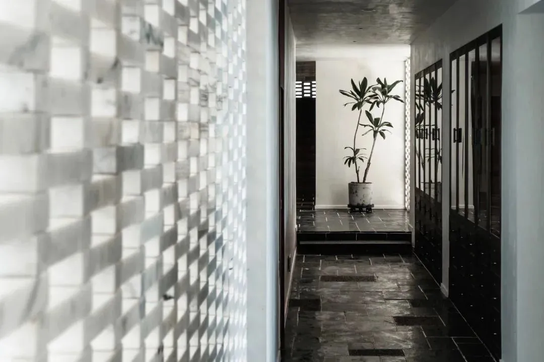 A modern minimalist corridor with tile and glass flooring, and a tall potted plant in the distance.