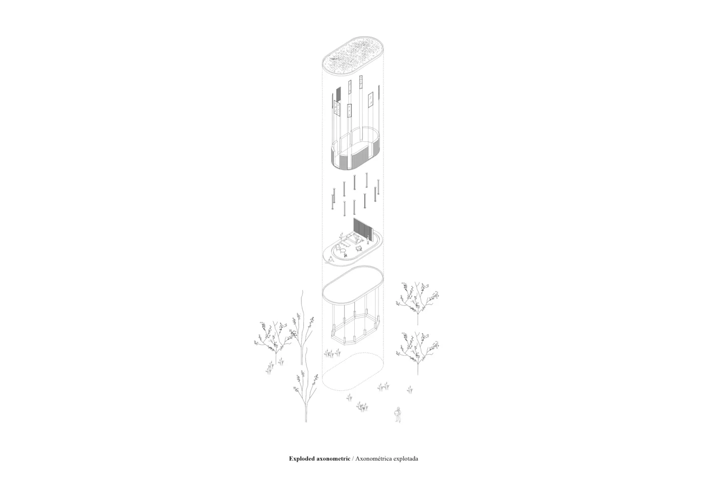 An exploded isometric rendering of a public space, showing various layers and materials in a detailed and abstract manner.