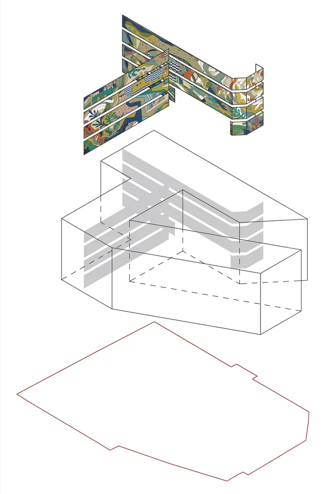 Modern architectural rendering with colorful patterns on the exterior facade and a technical drawing of the building's struct