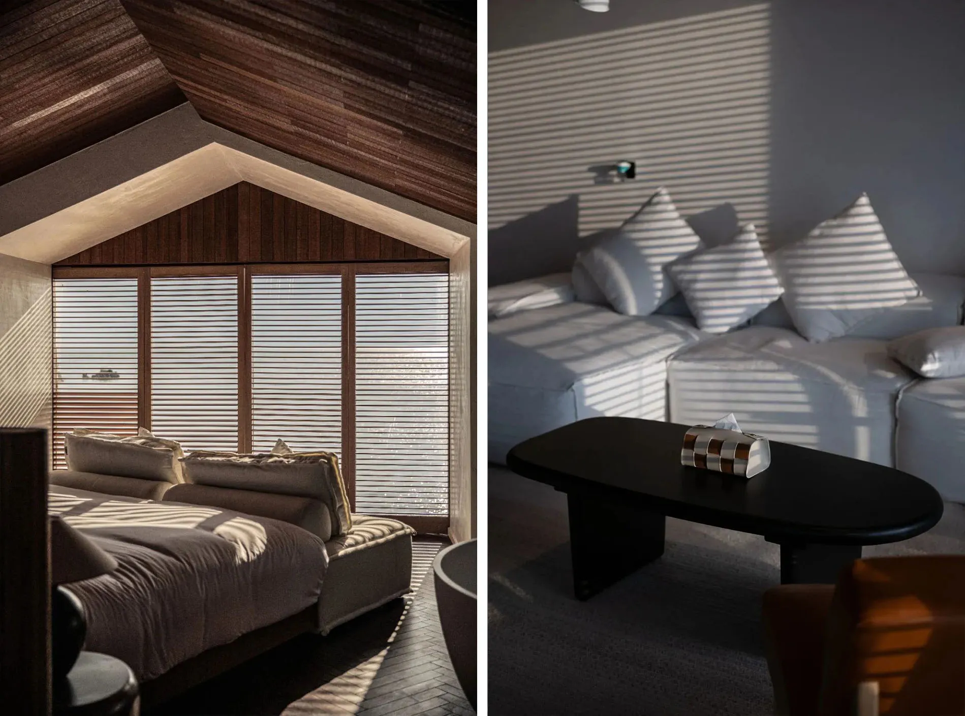 Modern bedroom featuring wooden ceiling, frosted glass windows with wooden blinds, and comfortable seating area with pillows