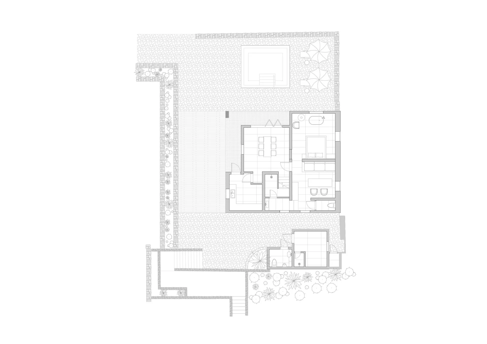 Floor plan of a modern residential interior with concrete materials, showcasing stylish and functional design.