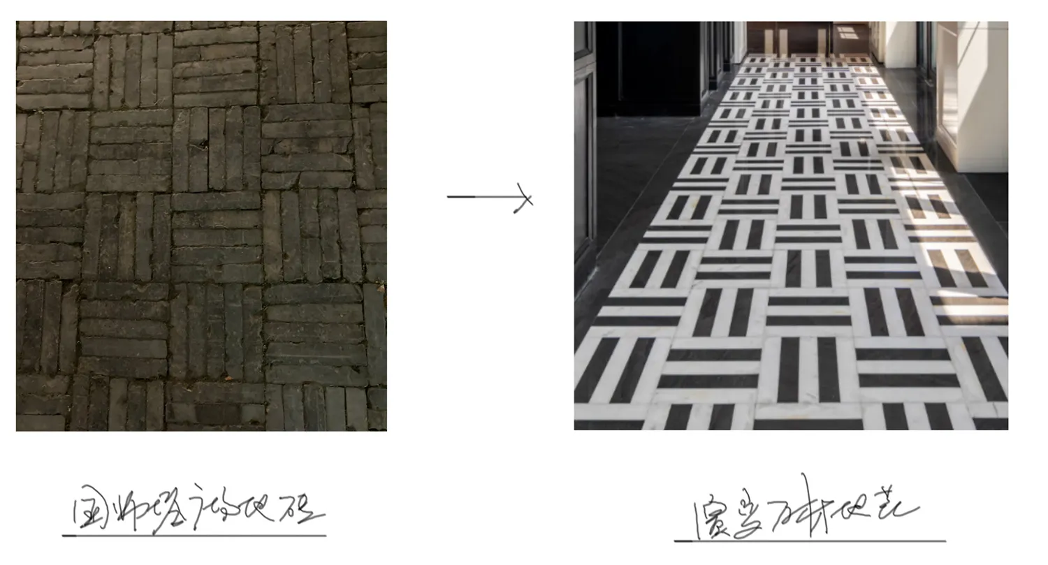 A patterned stone floor design showing a geometric arrangement of black and white tiles.