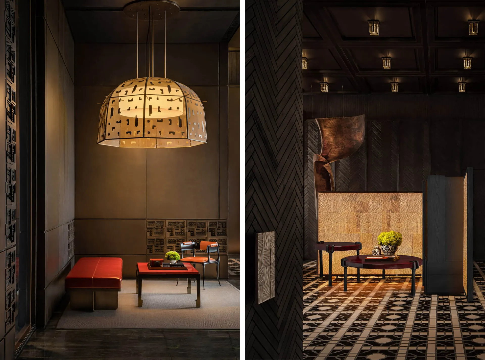 Industrial-style lobby featuring metallic pendant lighting, textured walls, and dark furnishings.