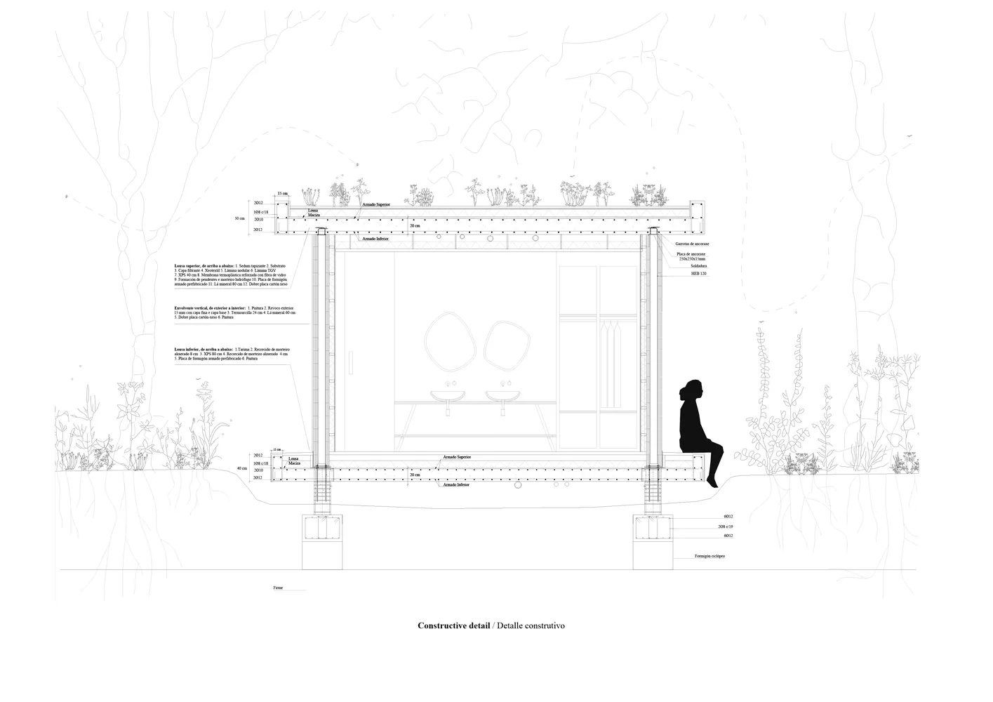 Detailed technical drawing of a modern bathroom including structural elements and construction materials.