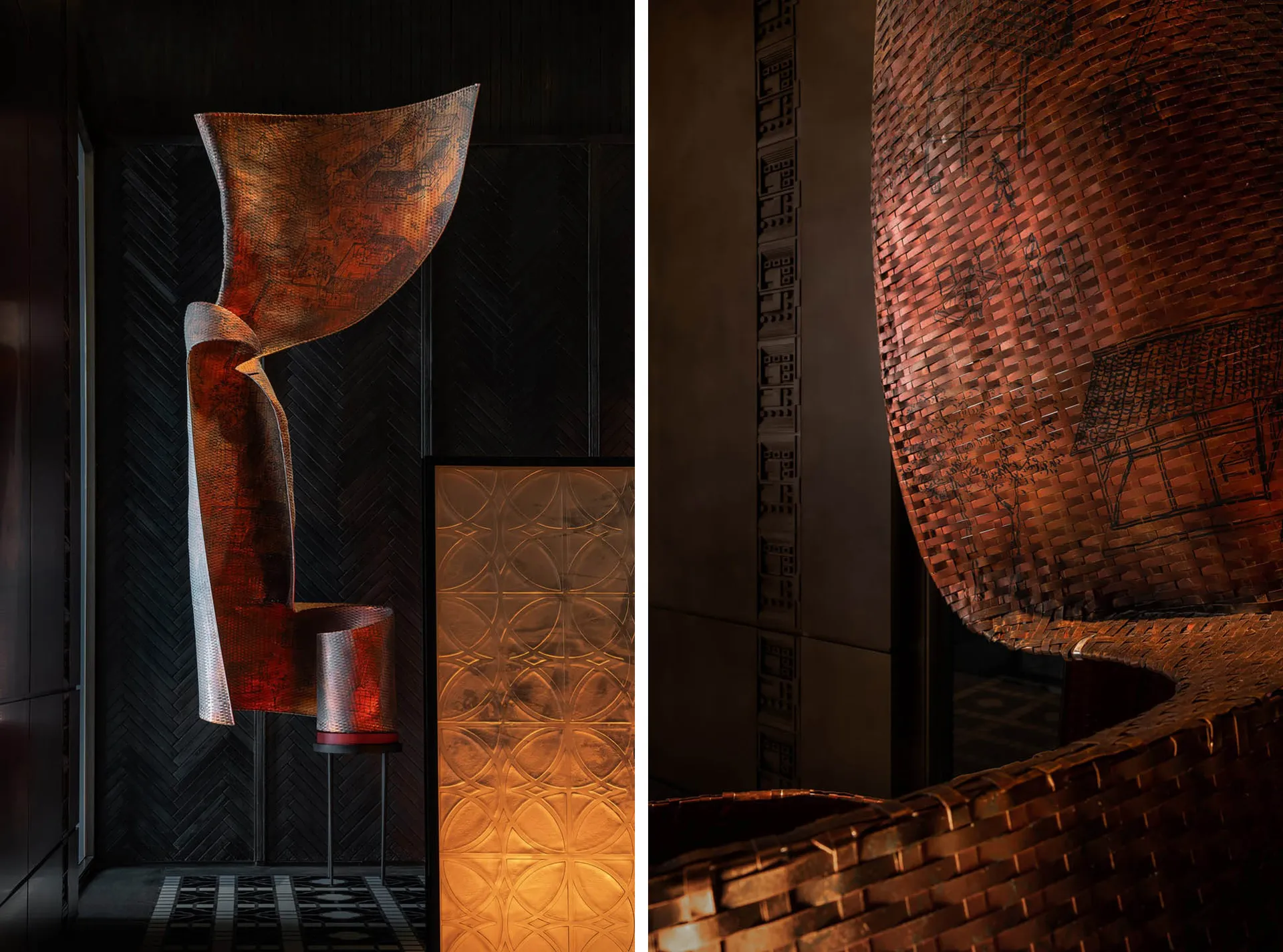 A modern interior design featuring metallic textile artwork