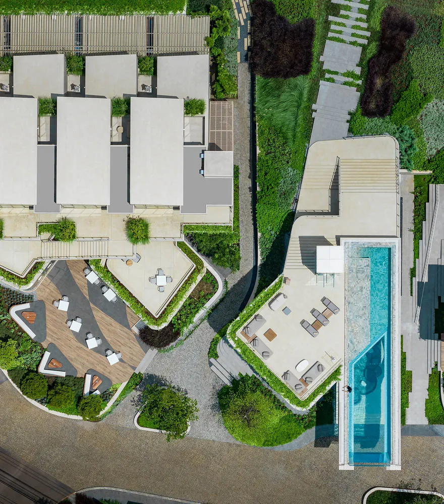現代建築設計,設有頂樓游泳池、戶外座位區與綠意植栽。