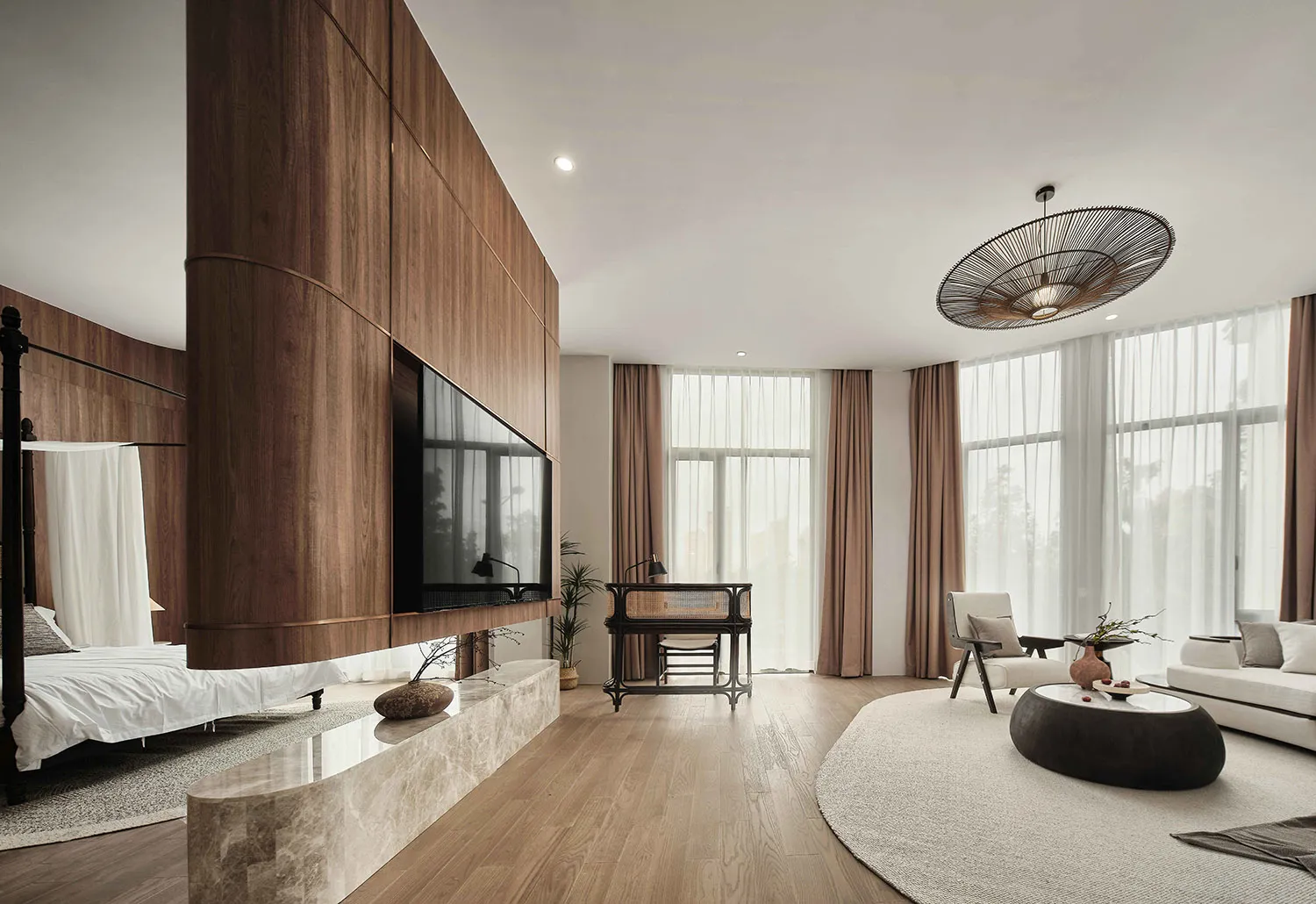 Modern living room featuring wooden walls and a marble floor