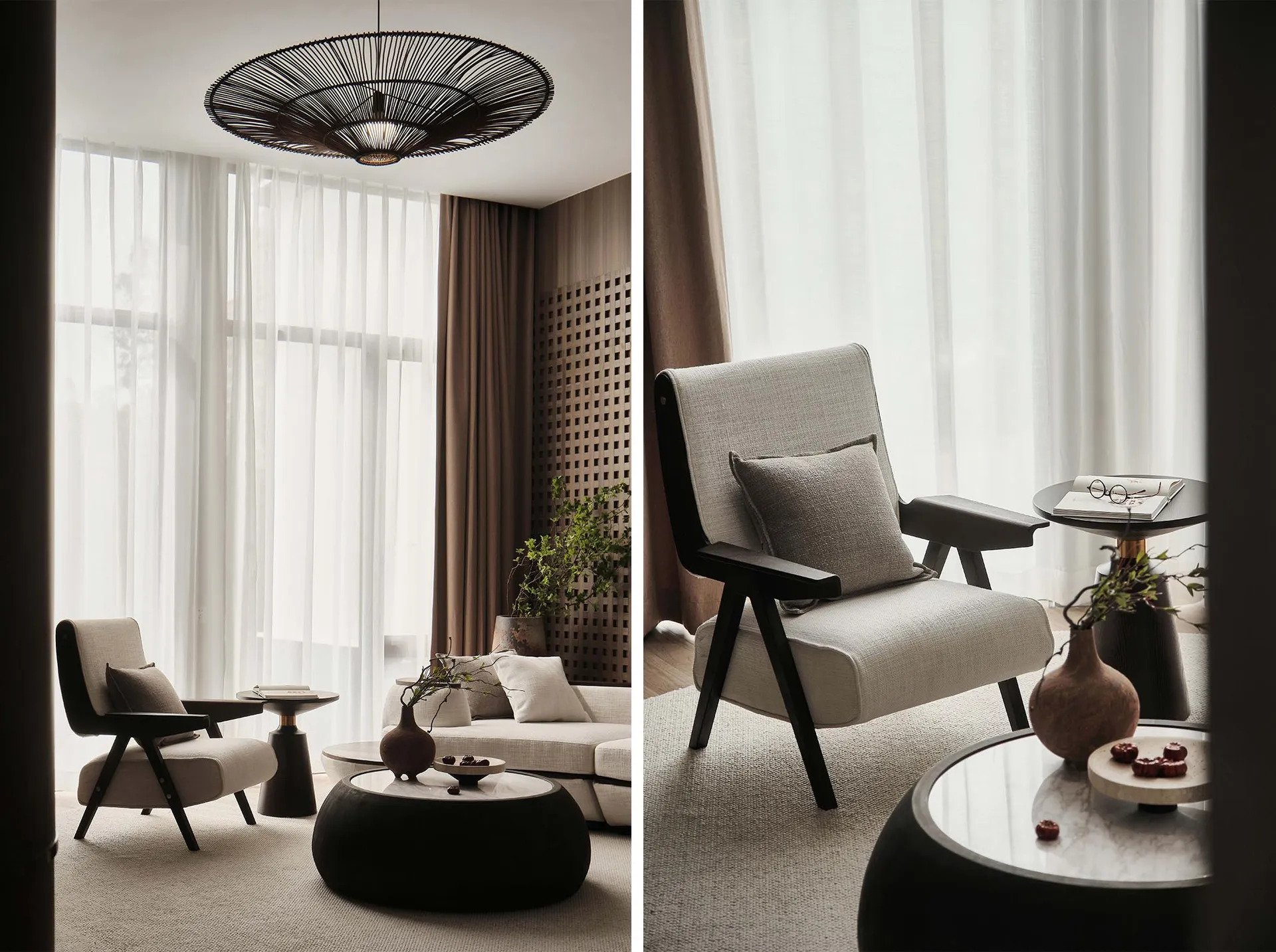 Modern living room with gray upholstered furniture, white glass tables, and a woven ceiling light fixture.