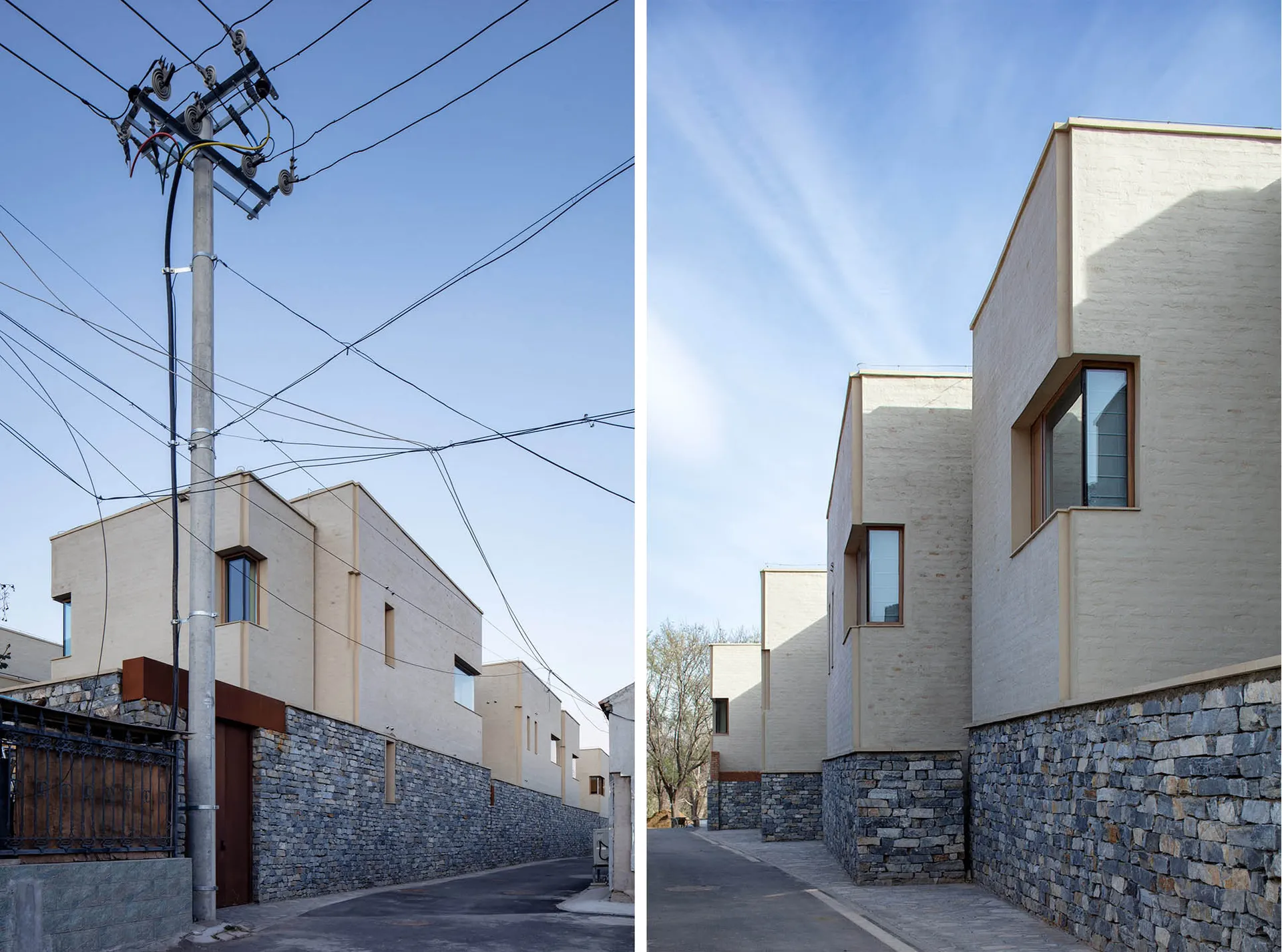 現代建築採用石材外觀,位於住宅環境中。