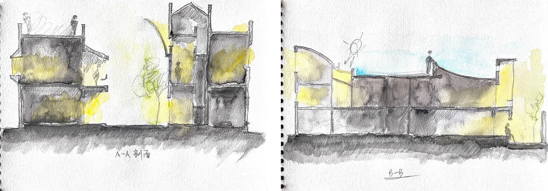 Cross-sectional watercolor drawing of an architectural interior design.