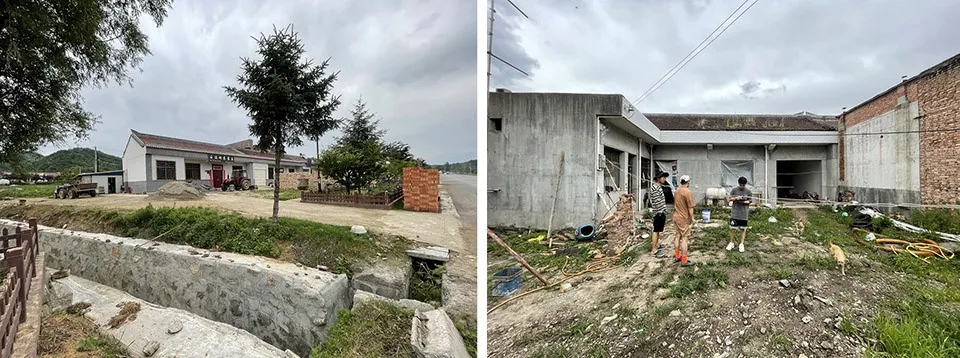 Concrete building exterior with people walking in front of it.