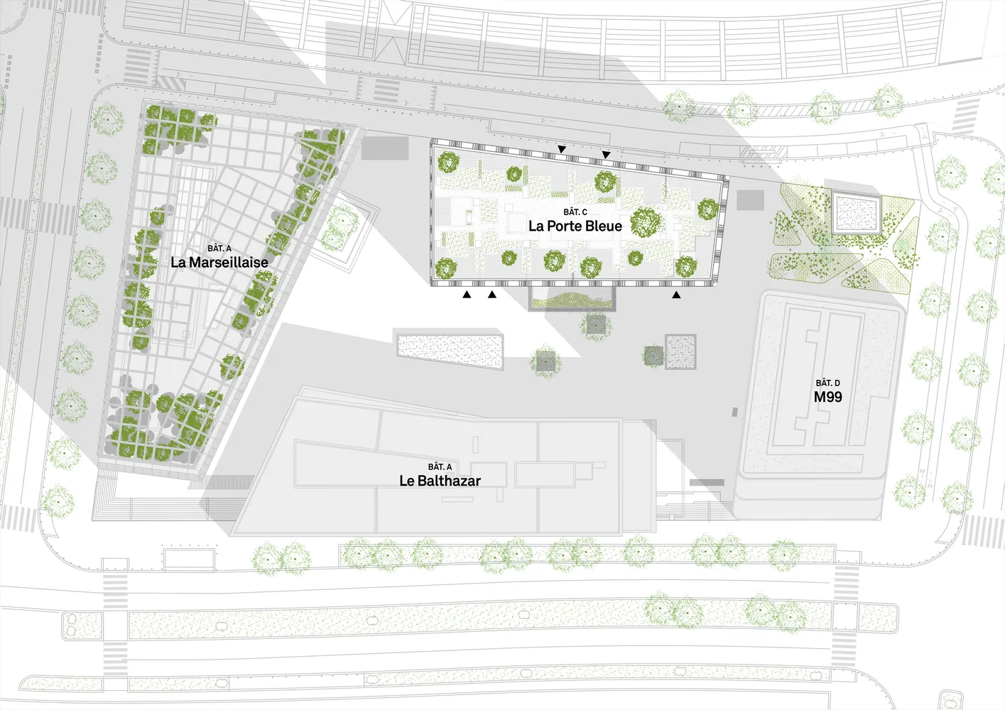 A detailed architectural blueprint of a modern parking garage with concrete, steel, and glass construction materials.