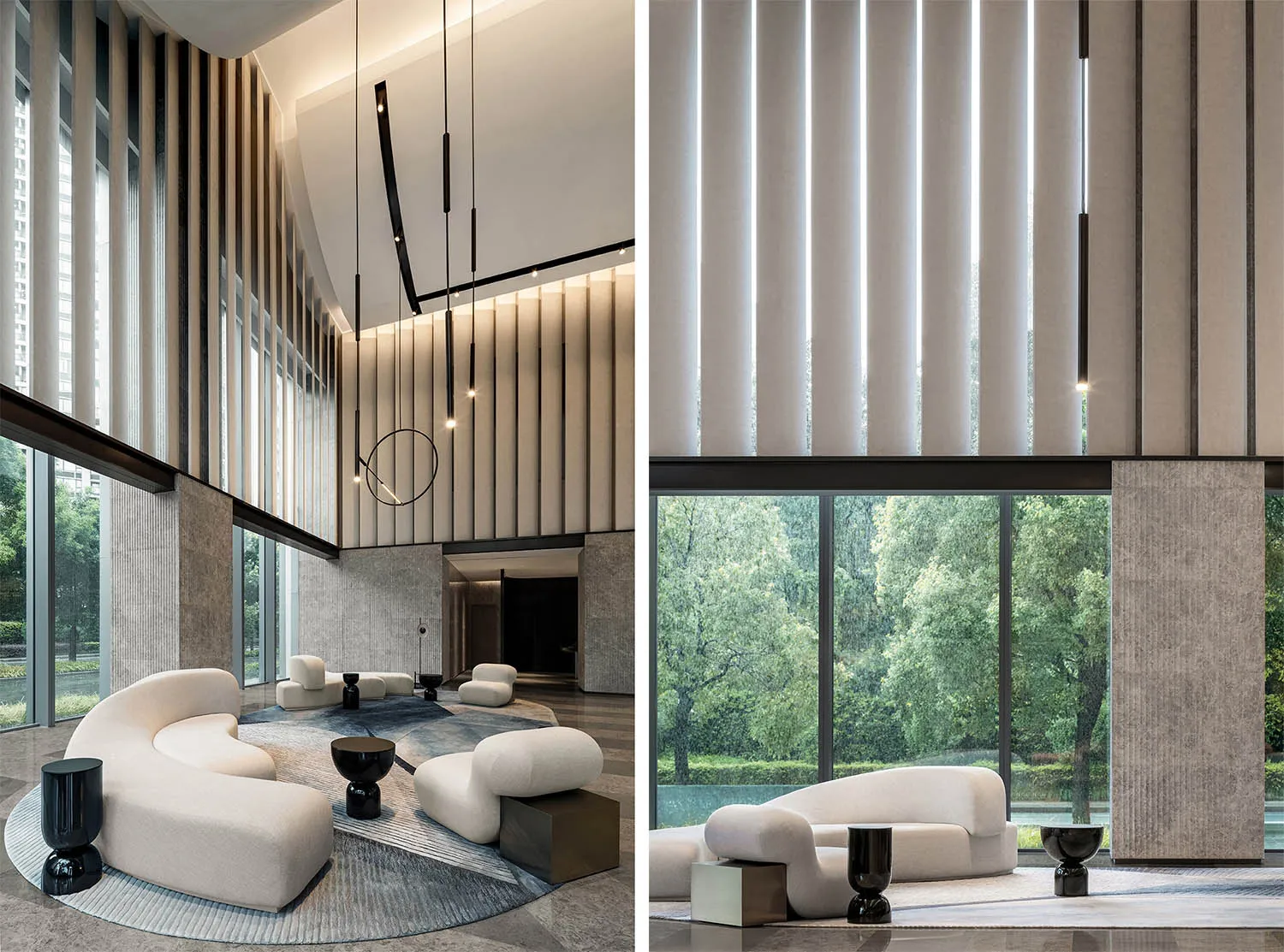 Modern lobby interior featuring white couches and contemporary design elements.