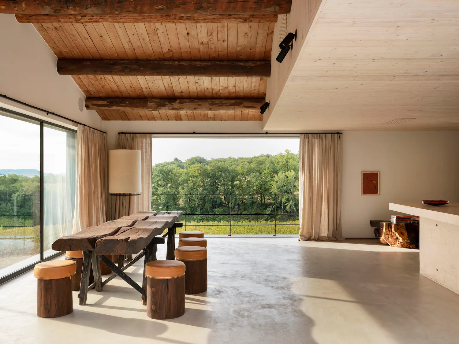 A modern minimalist living room with wooden accents and furniture, featuring large windows overlooking a forested area.