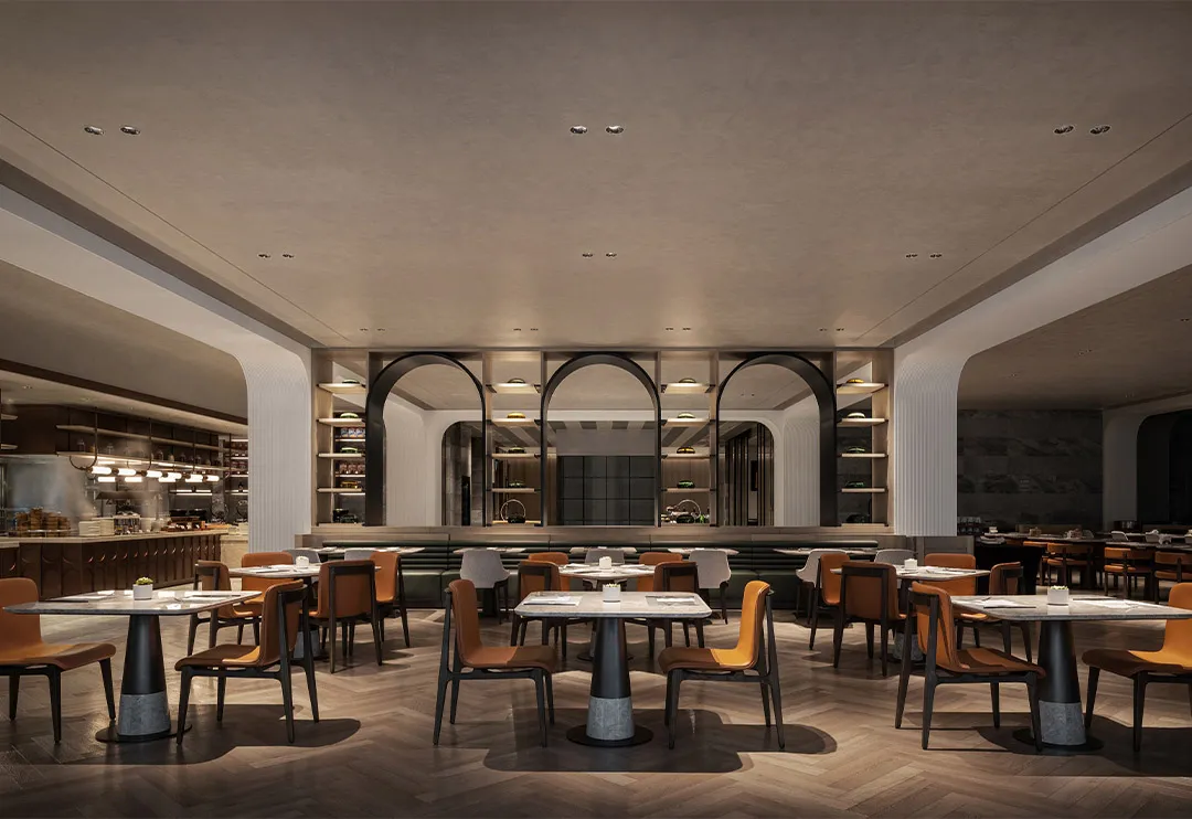 Modern restaurant with wooden flooring, leather chairs, metal tables, and glass shelves