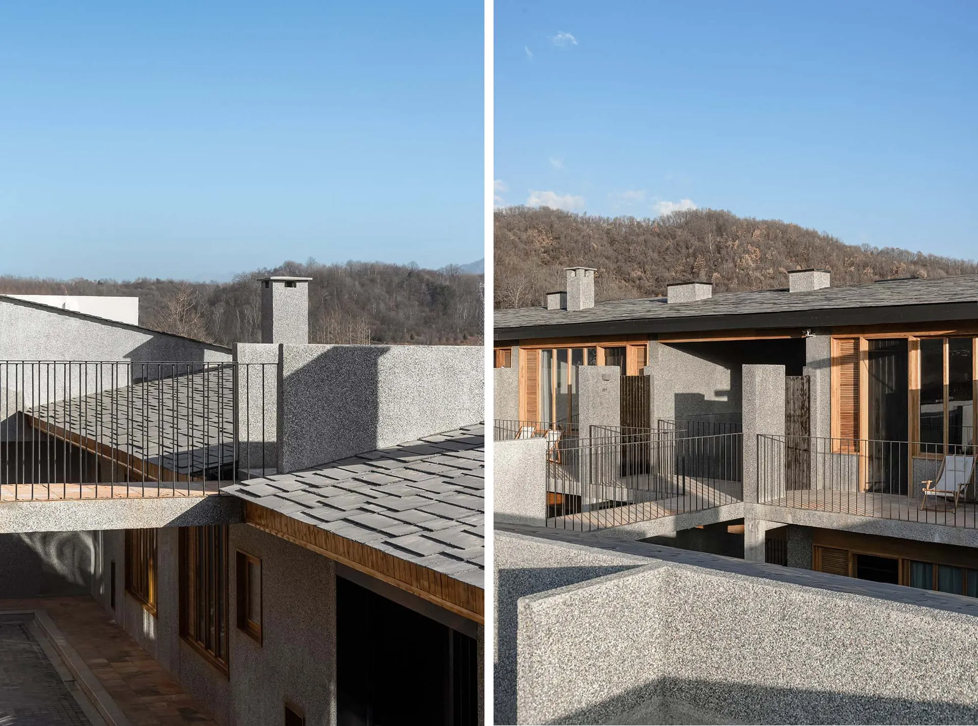 Modern residential building constructed with granite walls and wooden elements.