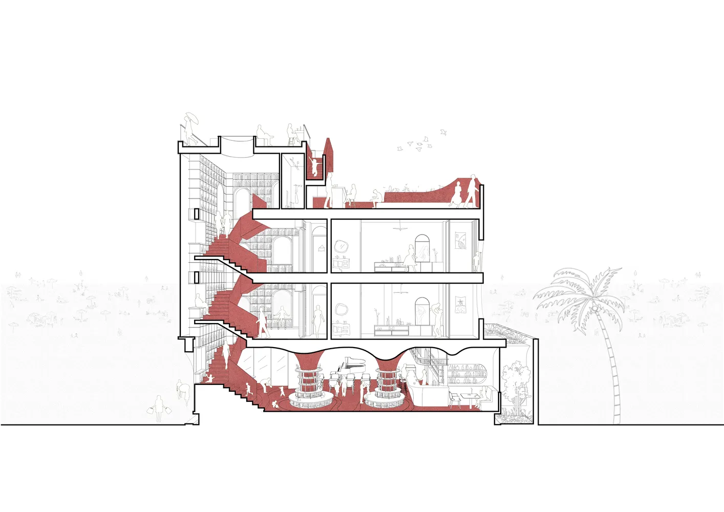 A floor plan depicting a retail interior space with red accents throughout.