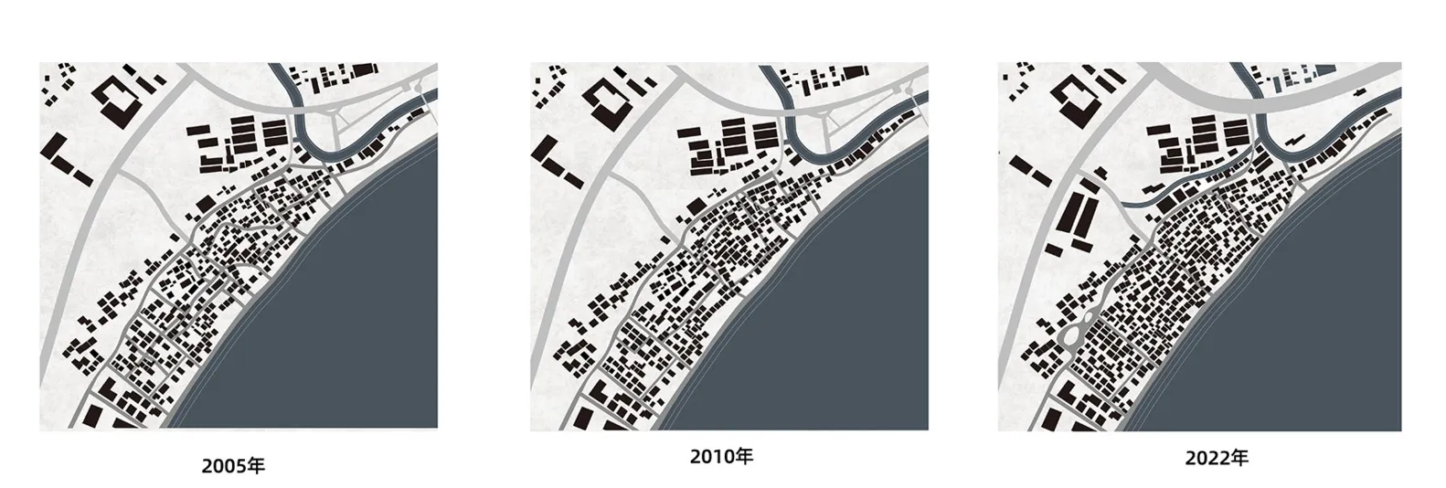 A timeline of urban development layouts showcasing changes from 2005 to 2022.
