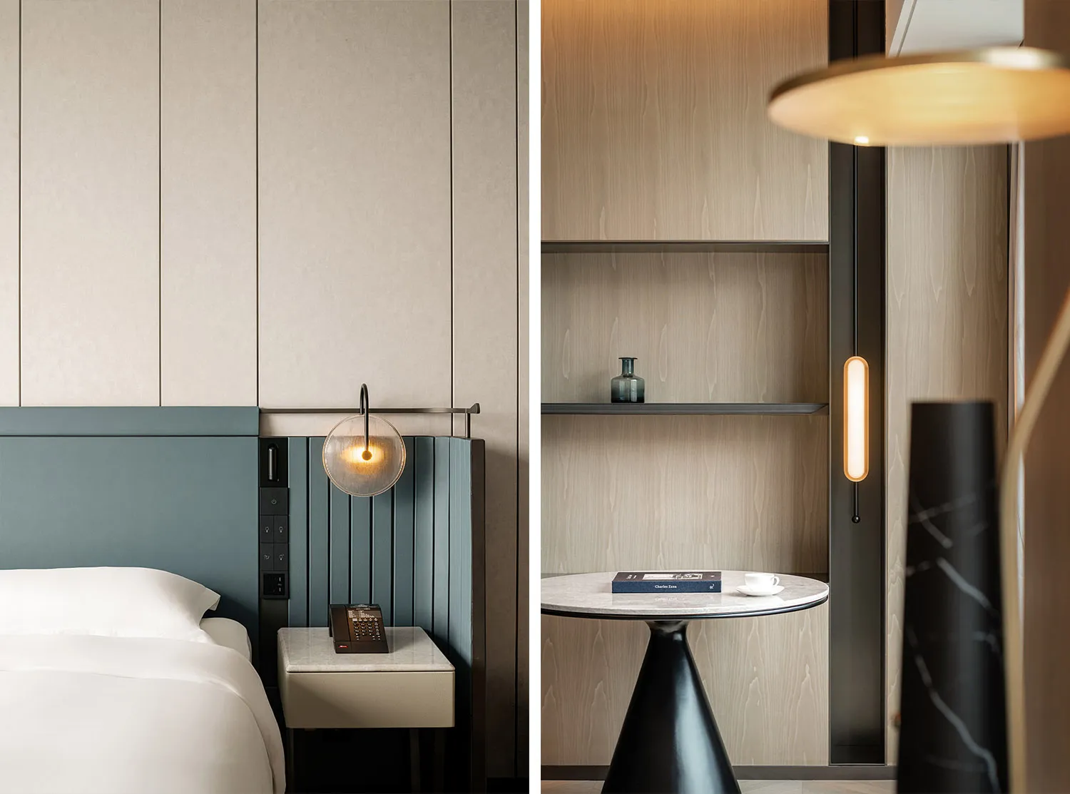 A modern minimalist bedroom with wooden paneling and a bedside lamp.