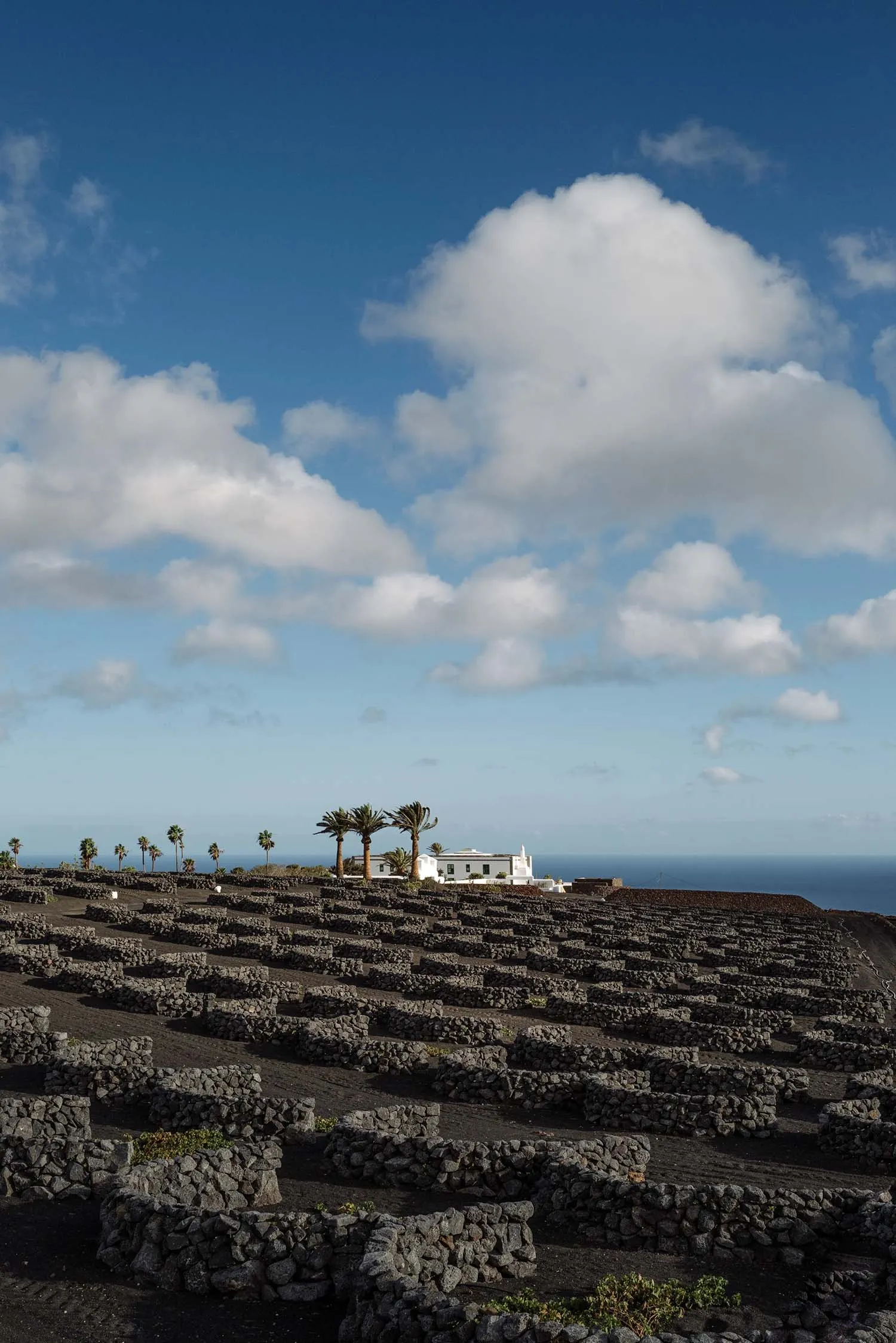 A landscape view featuring black volcanic rock formations and a building in the background.