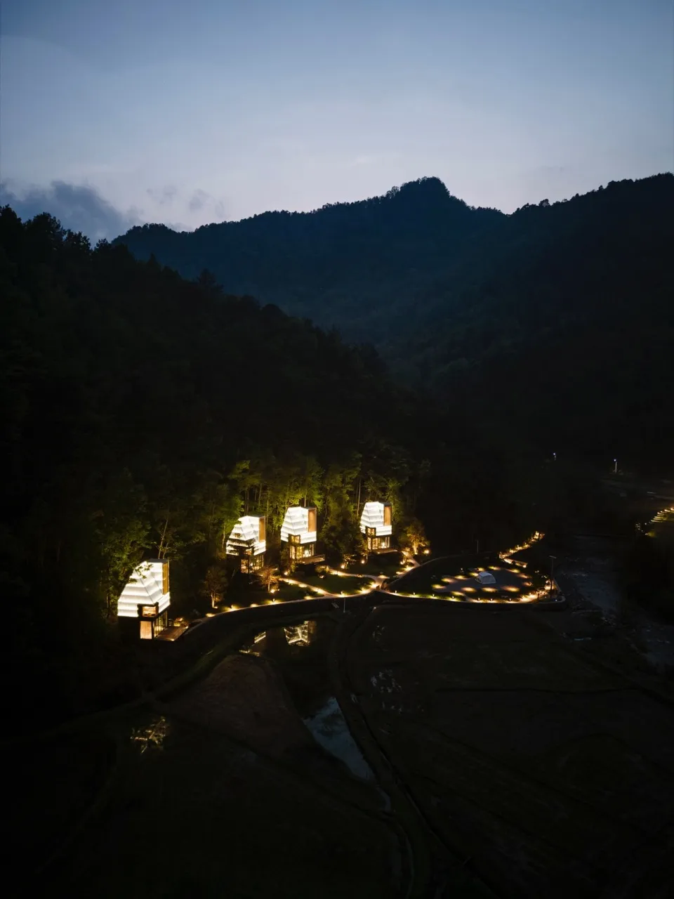 Night view of a modern lodge with glass facade nestled in a forest.
