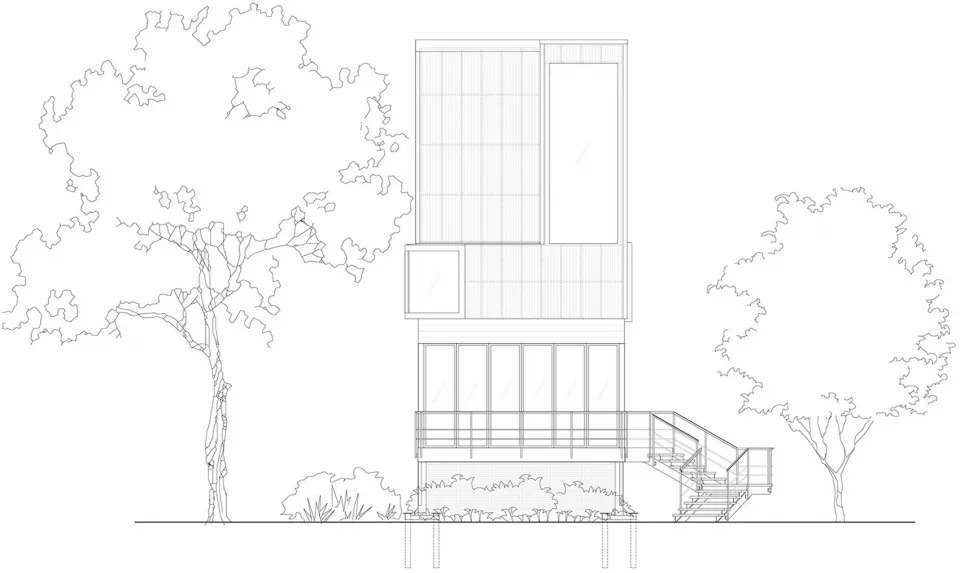 Linear black-and-white architectural drawing of a modern house featuring a glass façade, steel structure, and concrete base.