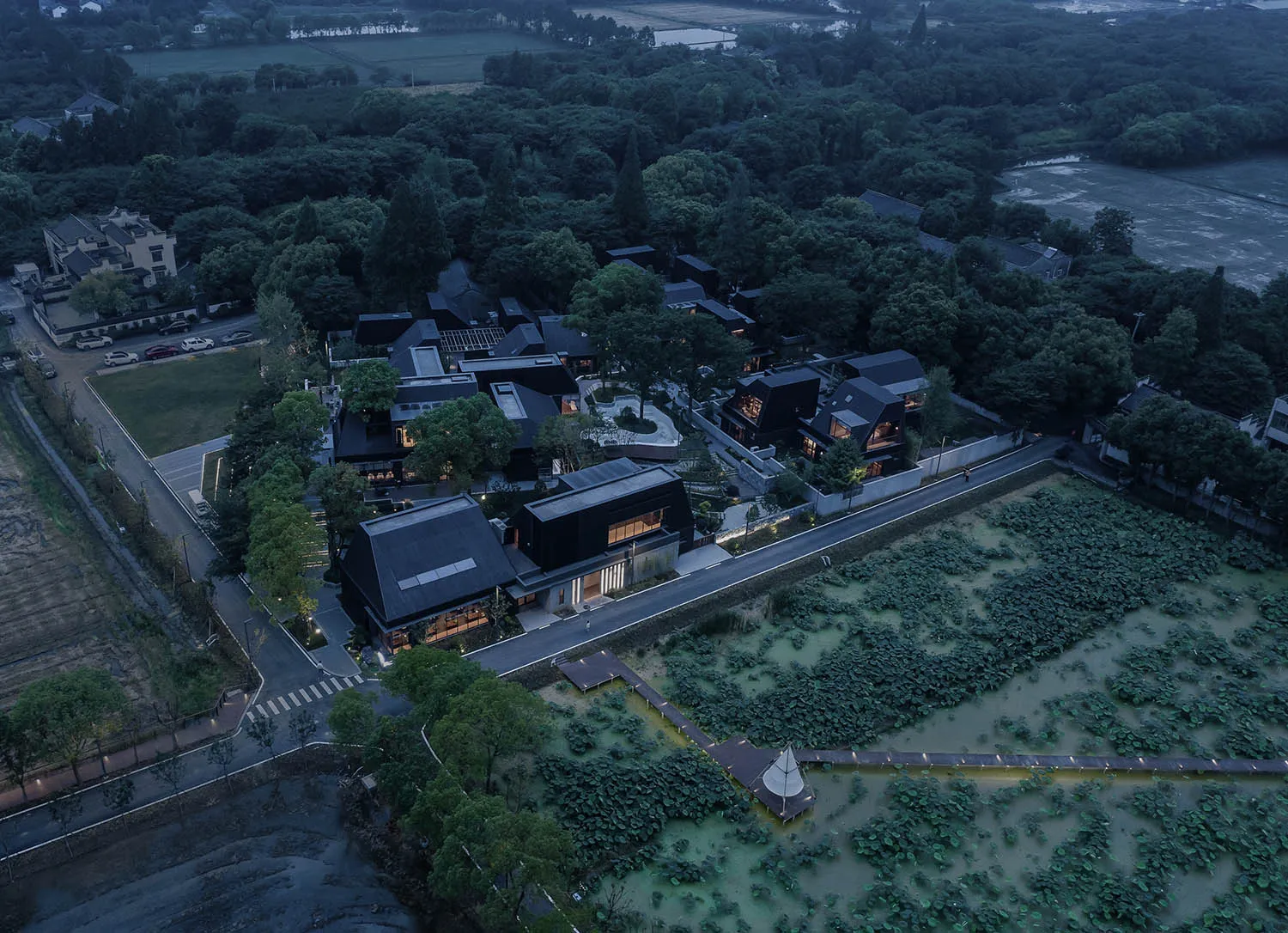 Aerial view of modern black-roof residential homes surrounded by greenery, featuring indoor lighting and garden areas.