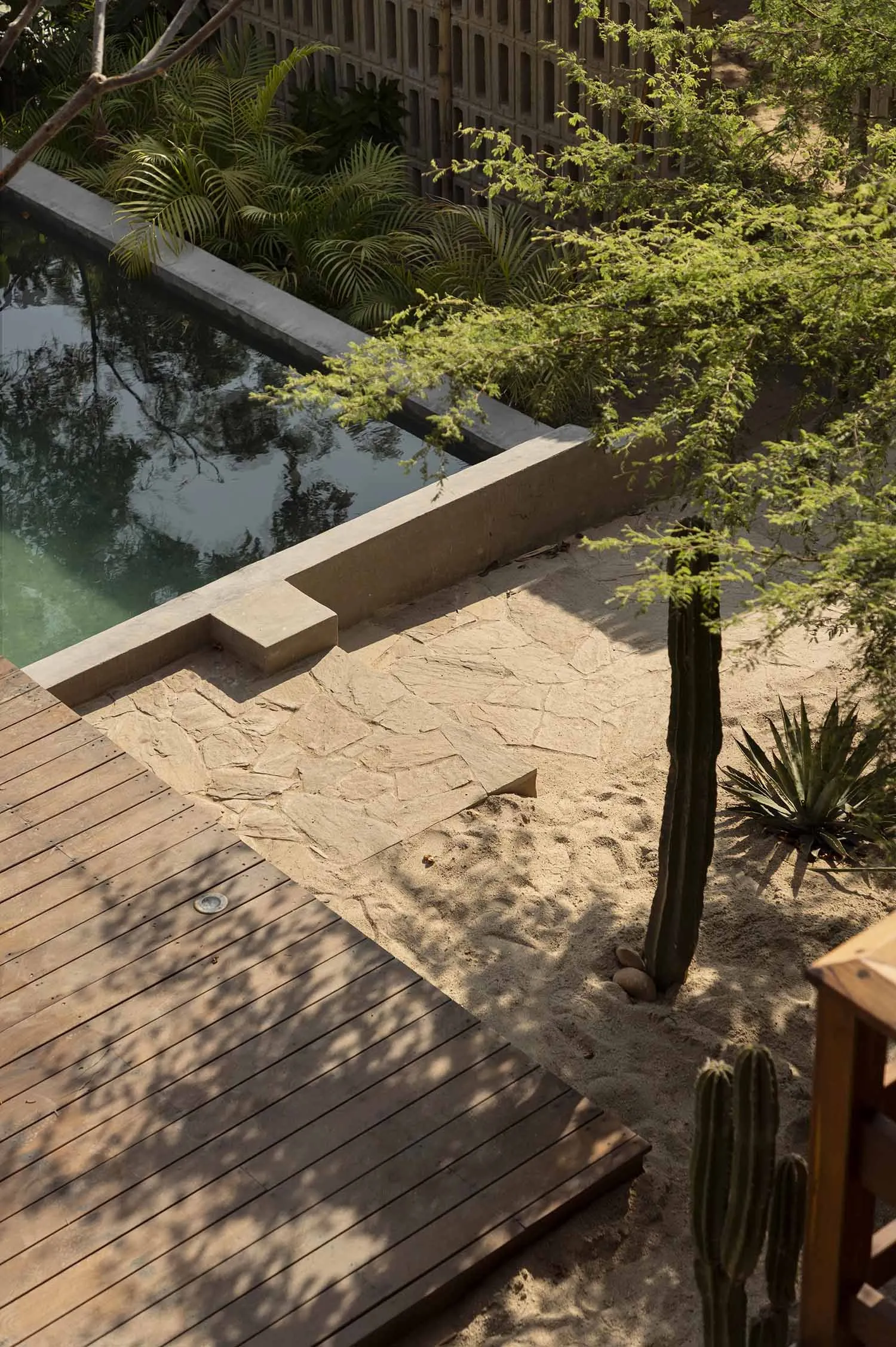 Swimming pool deck surrounded by greenery with concrete, sand, and wooden elements.