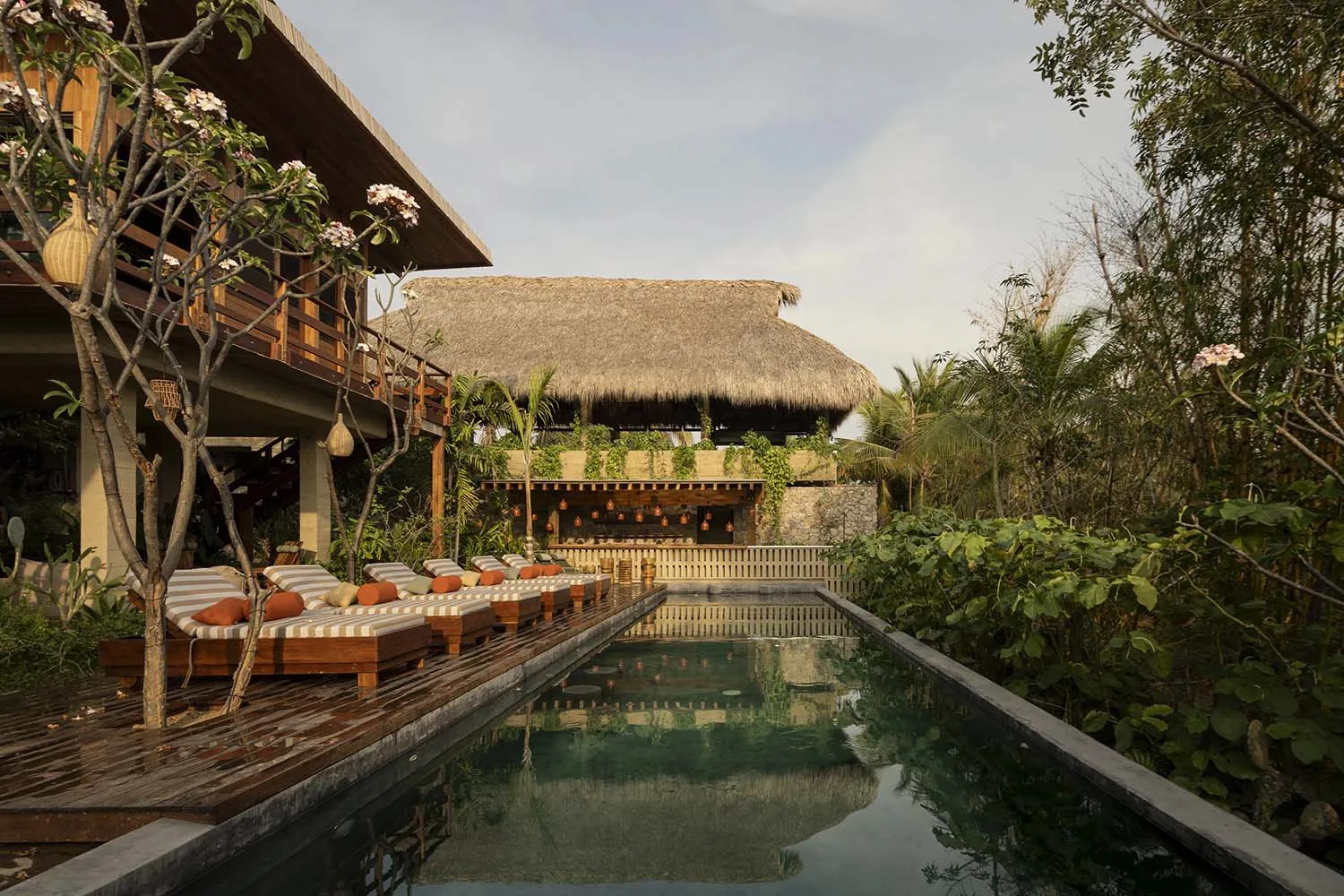 Modern residential swimming pool area with concrete decking and wooden structures.