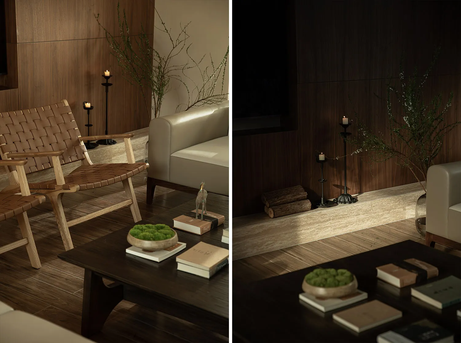 A modern living room with a wooden coffee table, leather armchair, and a white sofa. The room features candle holders and log