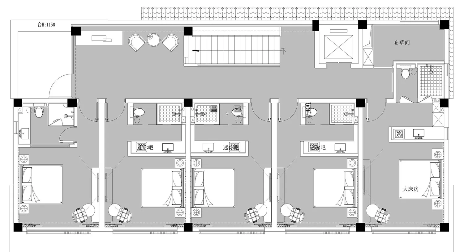 飯店套房平面圖的詳細建築繪圖,顯示房間、衛浴與設施配置。