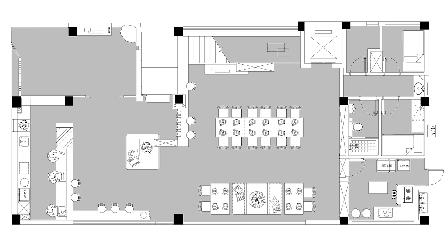 A detailed 2D architectural plan of a modern office space, featuring a central workspace area with desks, chairs, and multipl