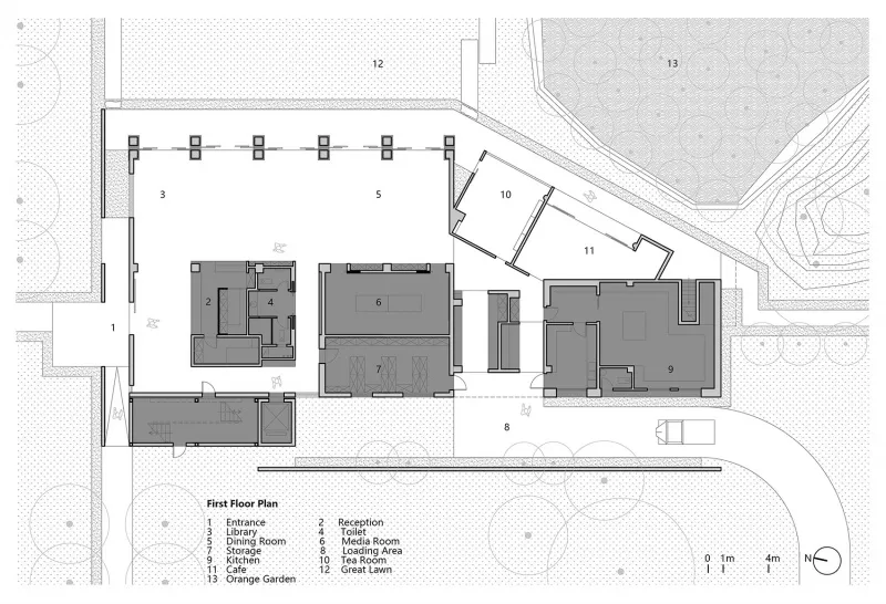 A detailed architectural floor plan depicting the layout and functional zones of a residential or commercial building. Includ