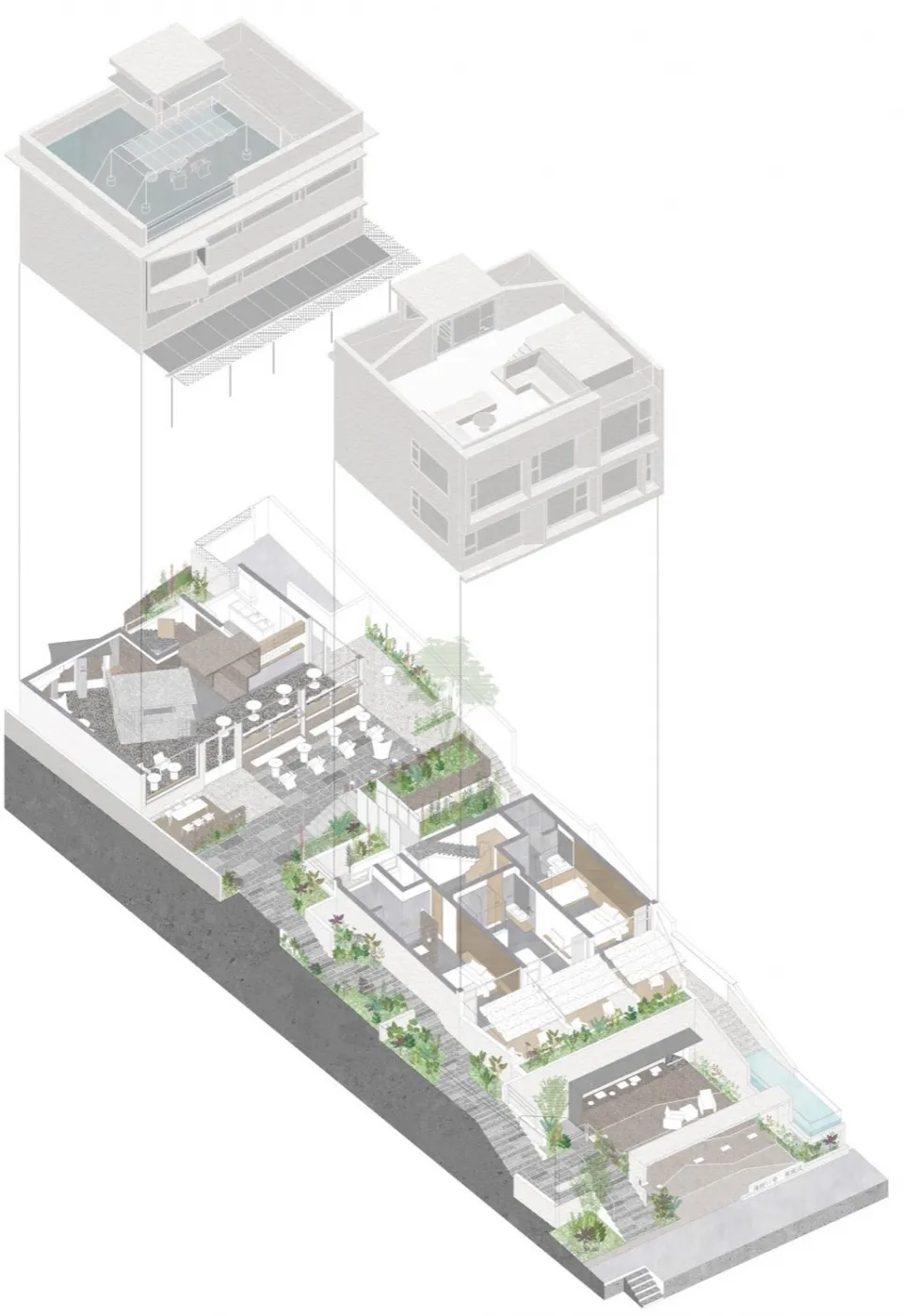 一張描繪現代住宅建築的3D建築平面圖。
