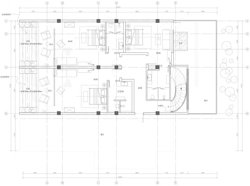 A detailed residential space floor plan with various rooms including bedrooms, bathrooms, and a kitchen.