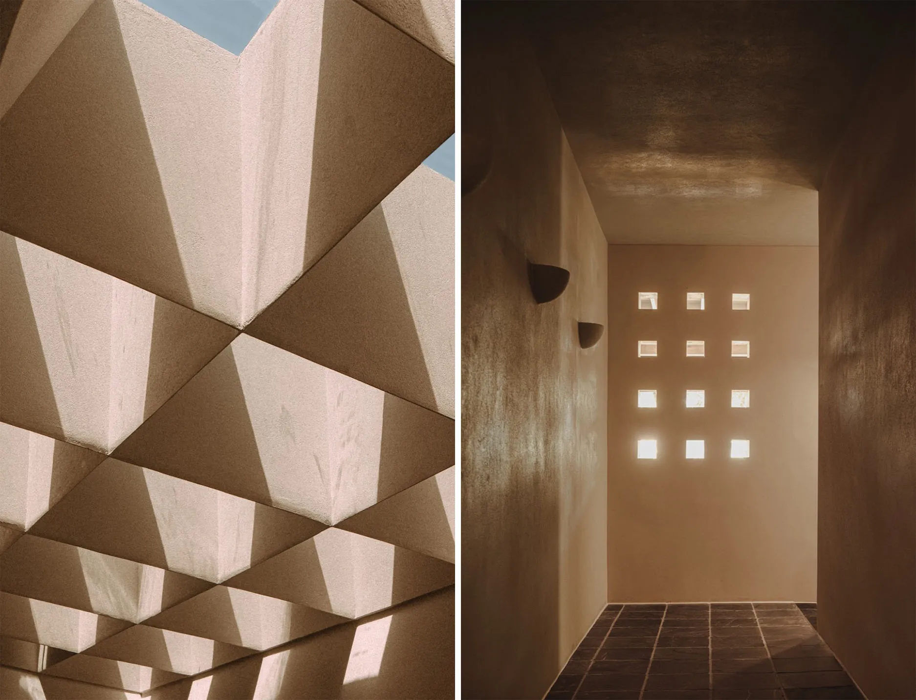 A minimalist building with concrete ceiling and geometric shapes