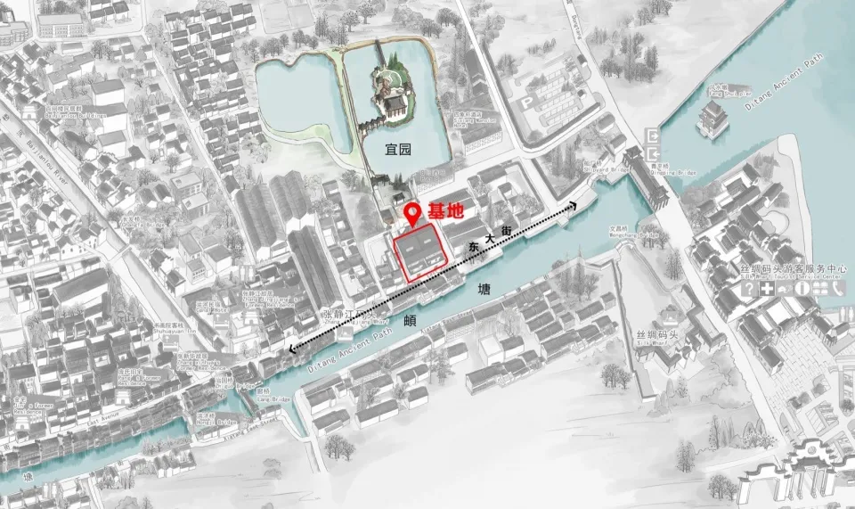 一張標註建築與路徑的古鎮詳細地圖。