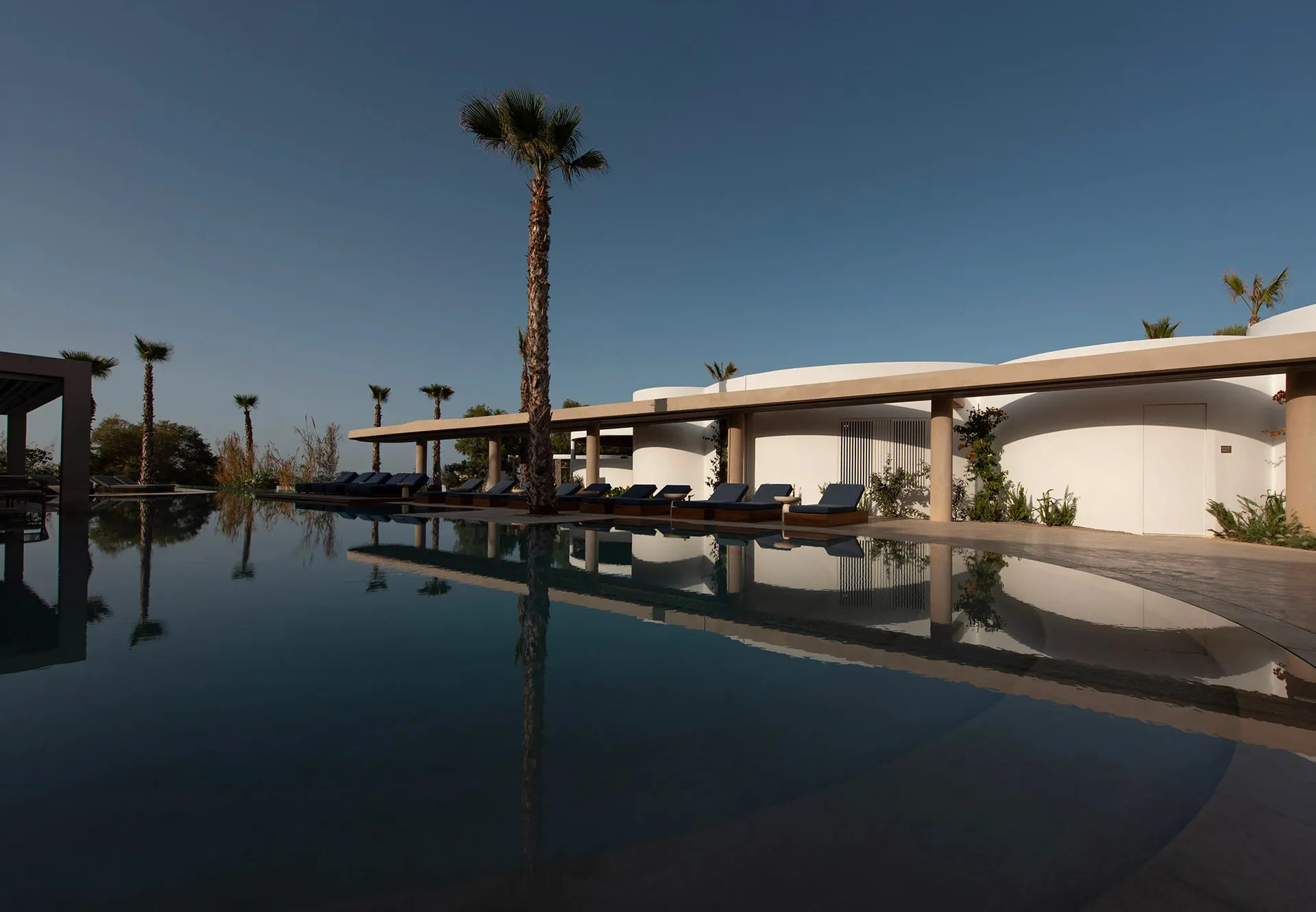 A minimalistic resort with glass walls, surrounded by greenery and palm trees.