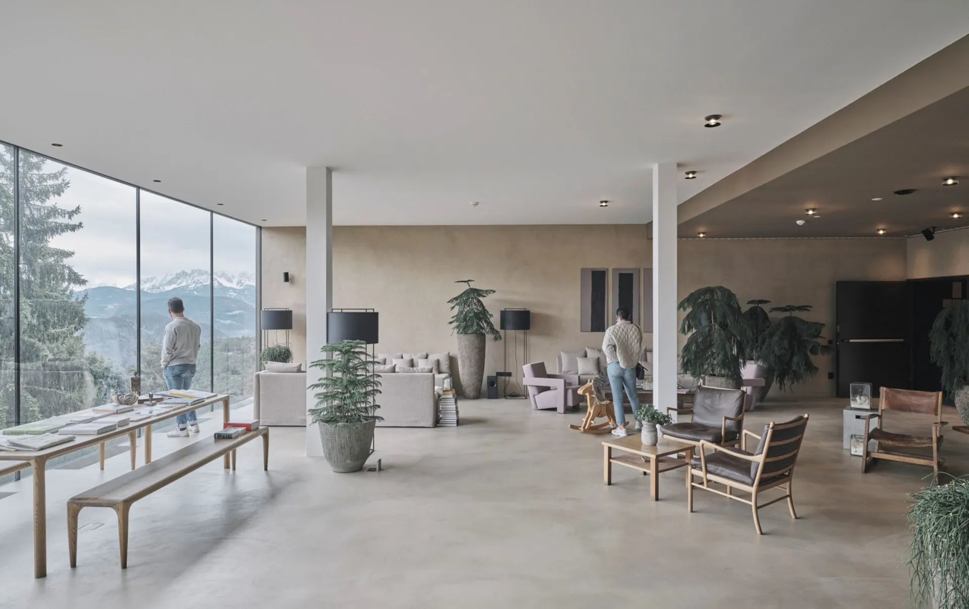 A modern minimalist lobby featuring concrete flooring and walls, with seating areas, potted plants, and a view of mountains t