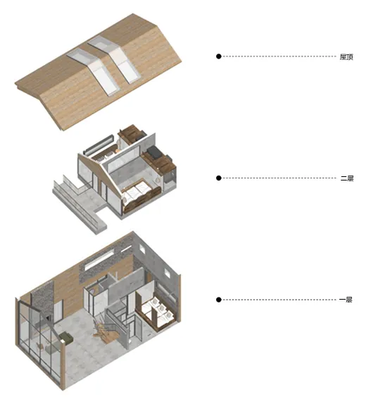一間現代小木屋,搭配木質屋頂與落地窗。