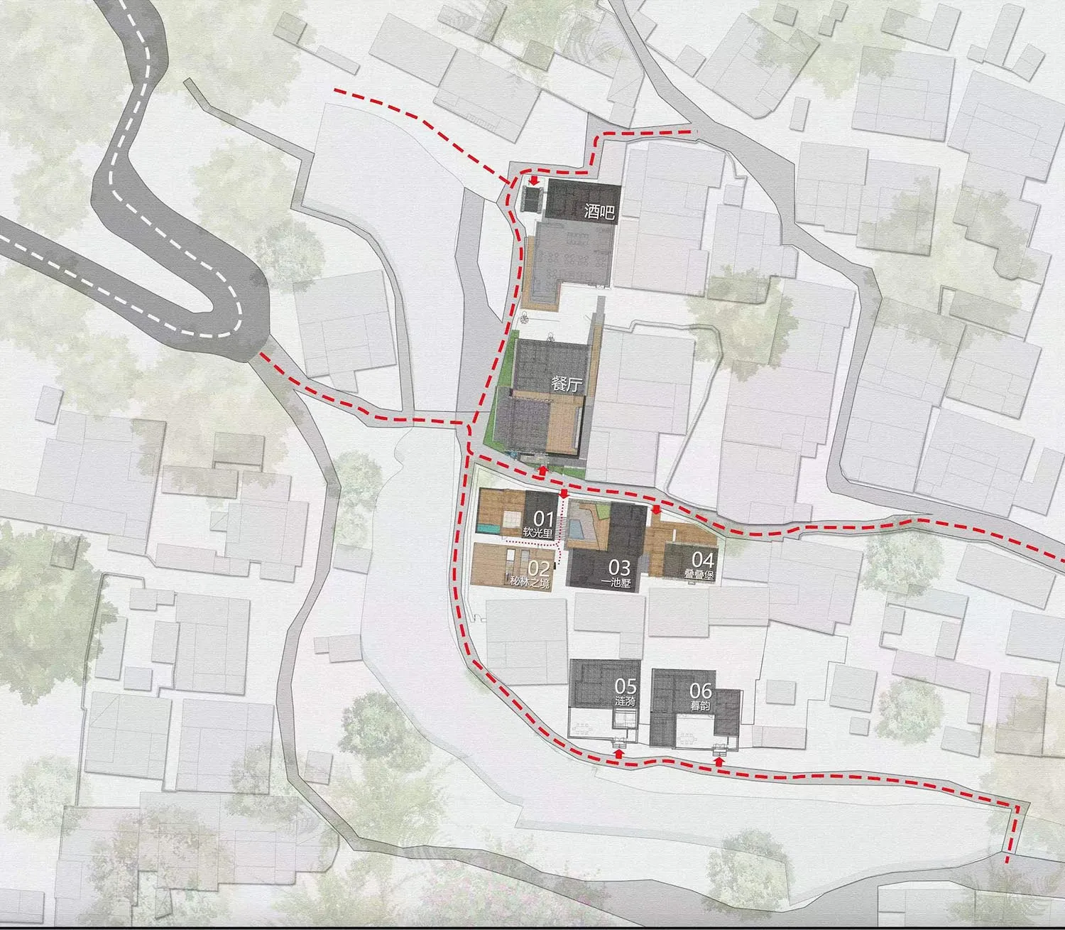 Urban development plan showing the layout of a city area with roads, buildings, and green spaces.