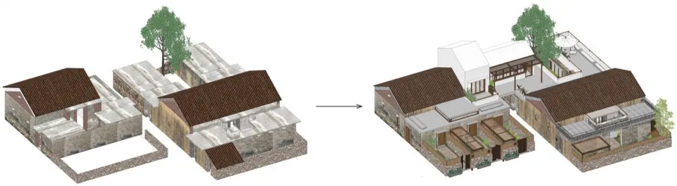3D rendering of a renovated architectural space showcasing brick, terracotta, and wooden materials.