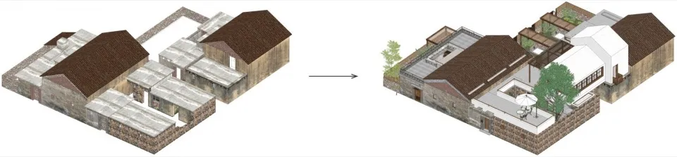 A before and after image showcasing an exterior building renovation featuring brick, windows, and wood elements.