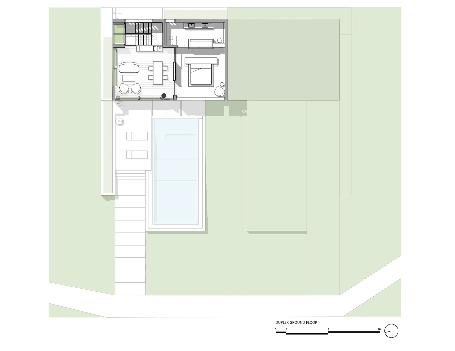 Modern duplex ground floor plan showing functional zones and layout.